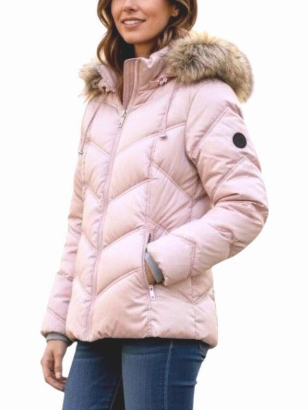NAUTICA Womens (S) Womens Blush Pink Diamond Quilt w/ Removable Faux Fur Hood